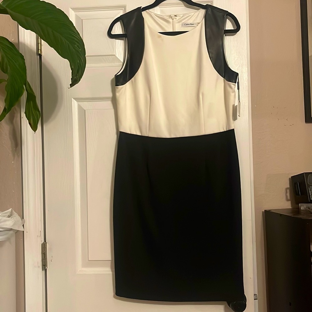 Calvin Klein Sheath Dress with Leather Cap Sleeves Size 12